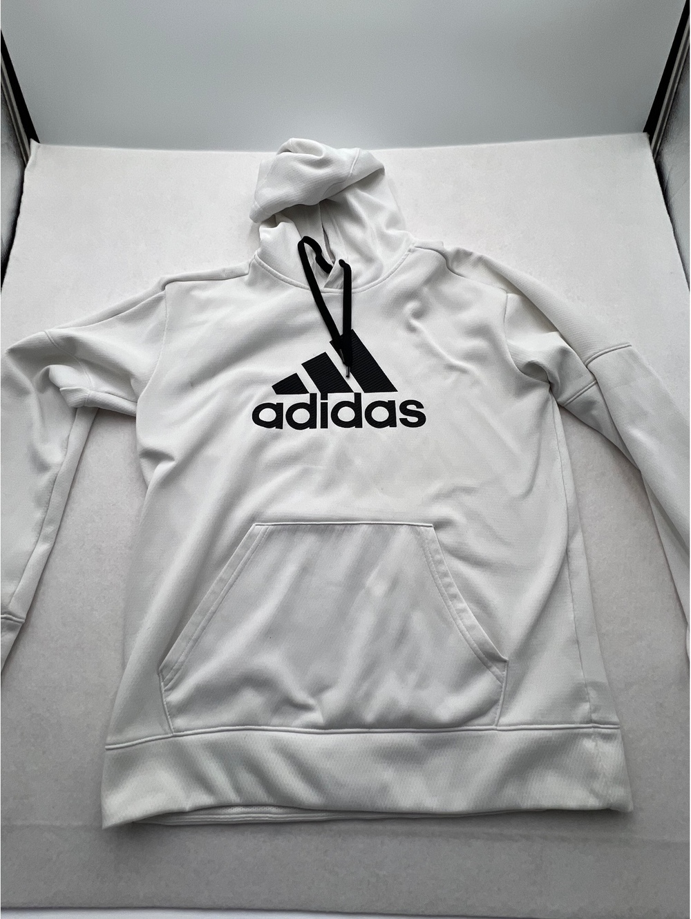 Adidas Men’s M White ClimaWarm Pullover Hoodie Black Logo Athletic (SKU-0452)